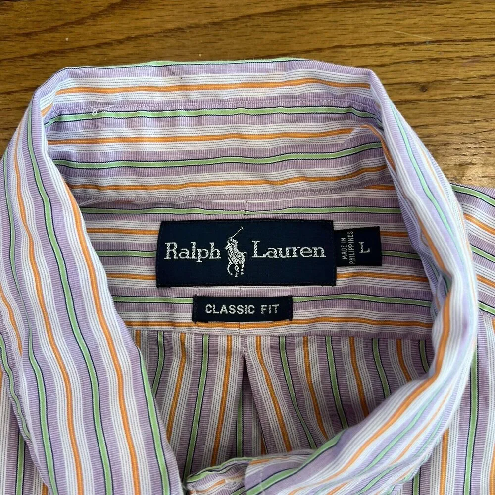 Polo Ralph Lauren Men's Shirt Long Sleeve Pink Green Orange Striped Size‎ L